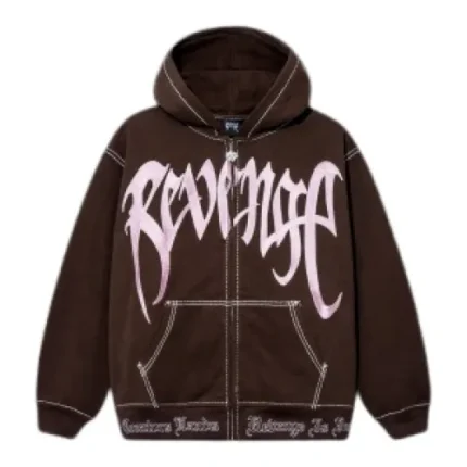 CONTRAST EMBROIDERED ZIP HOODIE BROWN