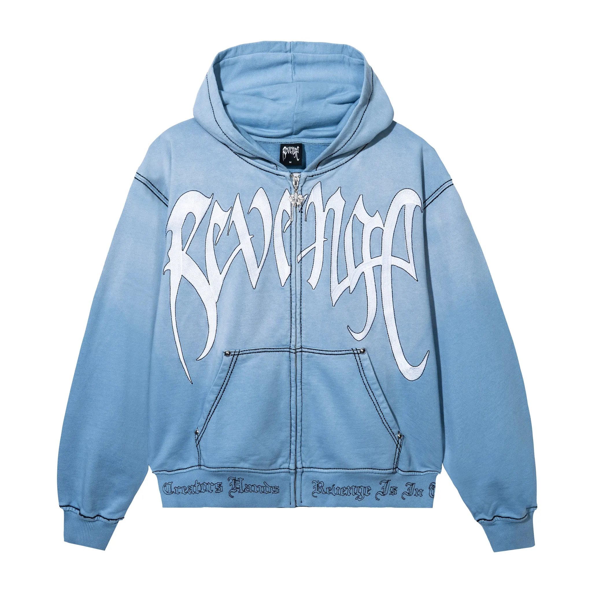 CONTRAST SKULL EMBROIDERED ZIP WASHED BABY BLUE/WHITE CONTRAST SKULL EMBROIDERED ZIP WASHED BABY BLUE/WHITE