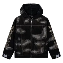 REVENGE DISTRESSED PATCHWORK DENIM ZIP JACKET DIRTY BLACK